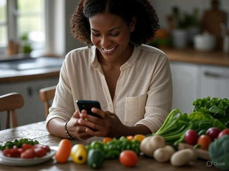 Woman using cooking app with vegetables
