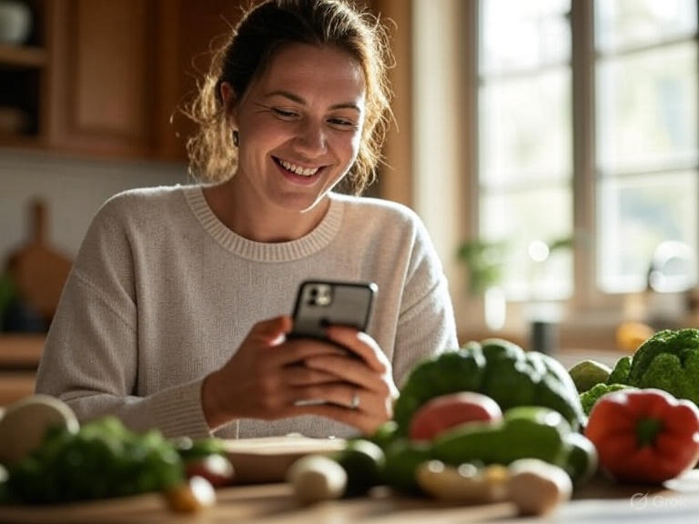 Happy woman cooking with phone