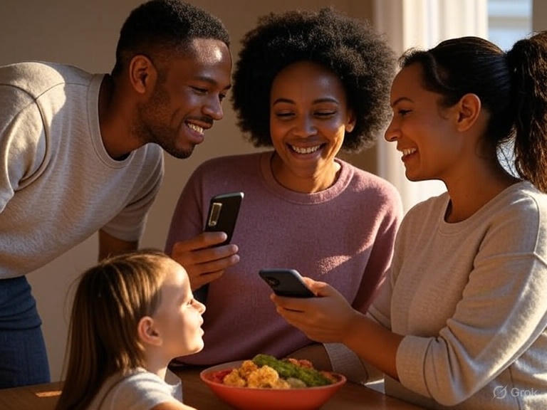 Family cooking together with phones